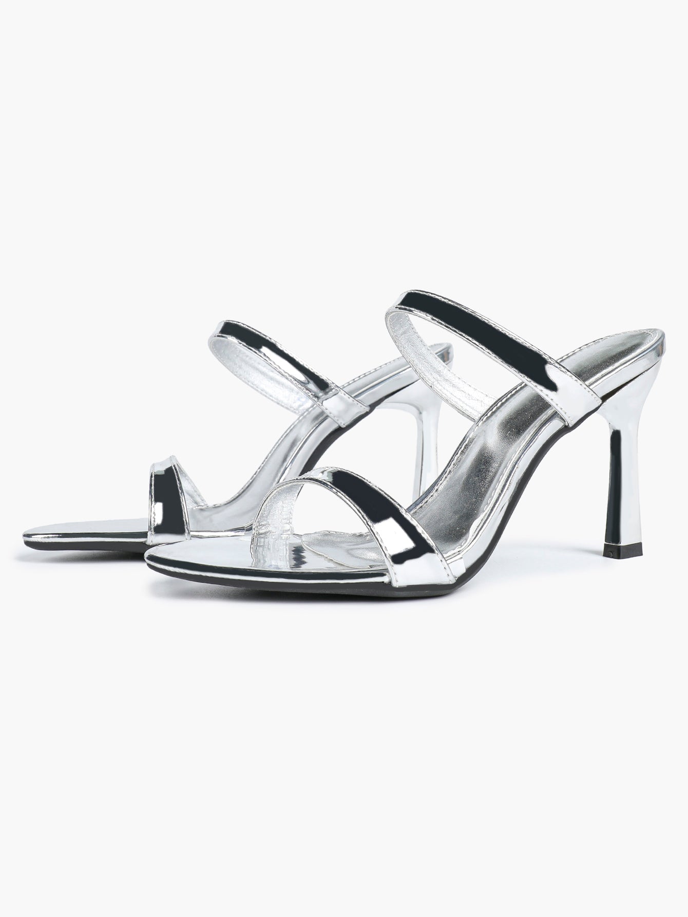 Metallic Silver Strap Heeled Mules Square Toe Block Heel Sandals Party Casual Shoes