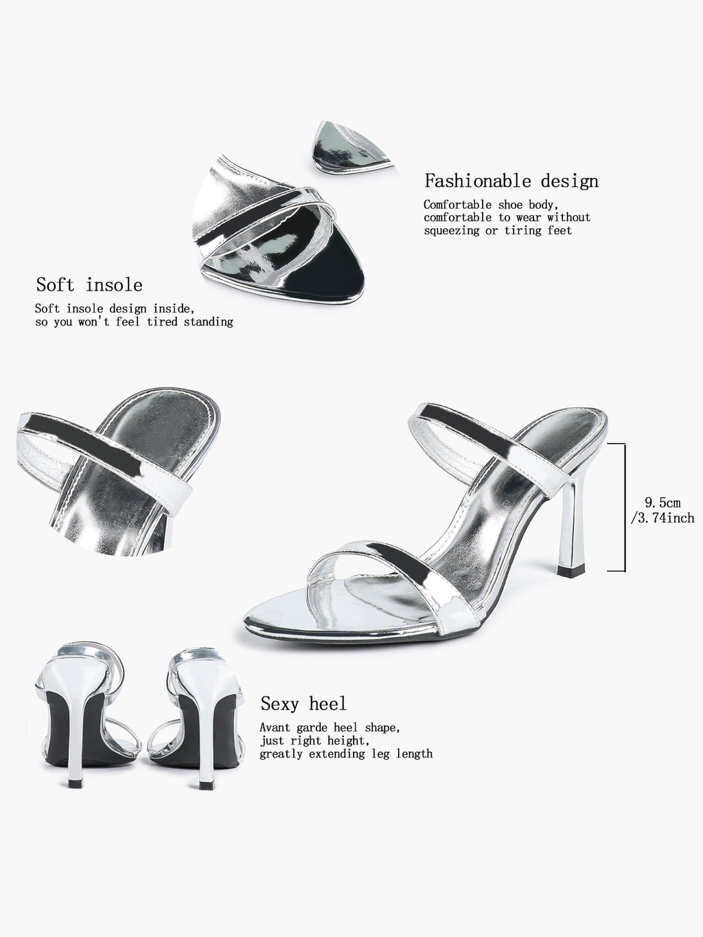 Metallic Silver Strap Heeled Mules Square Toe Block Heel Sandals Party Casual Shoes