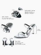 Metallic Silver Strap Heeled Mules Square Toe Block Heel Sandals Party Casual Shoes