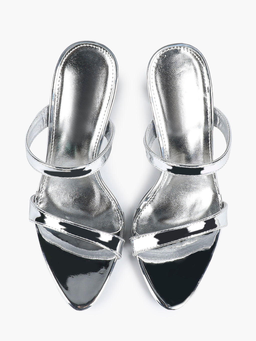 Metallic Silver Strap Heeled Mules Square Toe Block Heel Sandals Party Casual Shoes