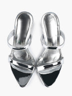 Metallic Silver Strap Heeled Mules Square Toe Block Heel Sandals Party Casual Shoes