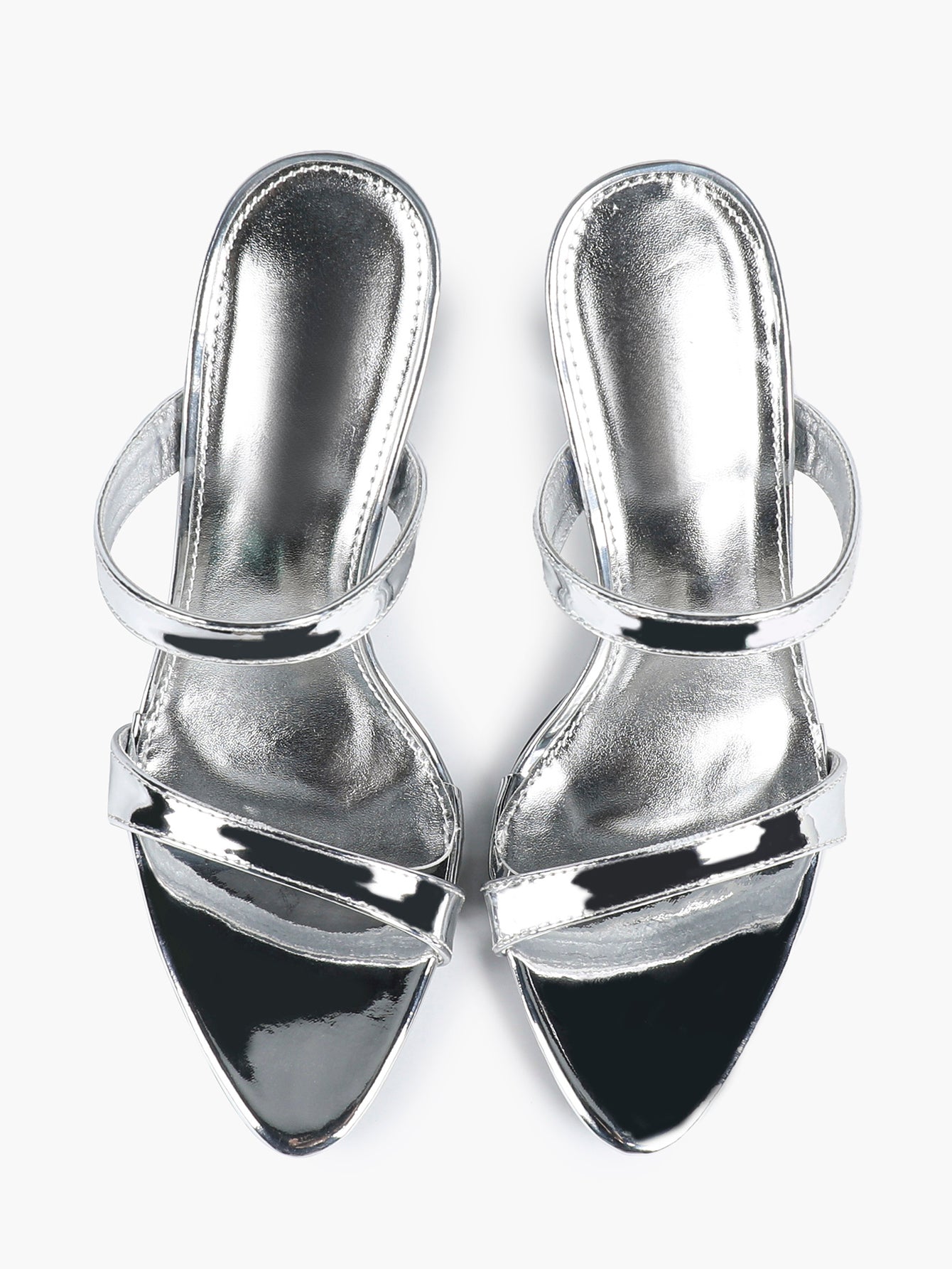 Metallic Silver Strap Heeled Mules Square Toe Block Heel Sandals Party Casual Shoes