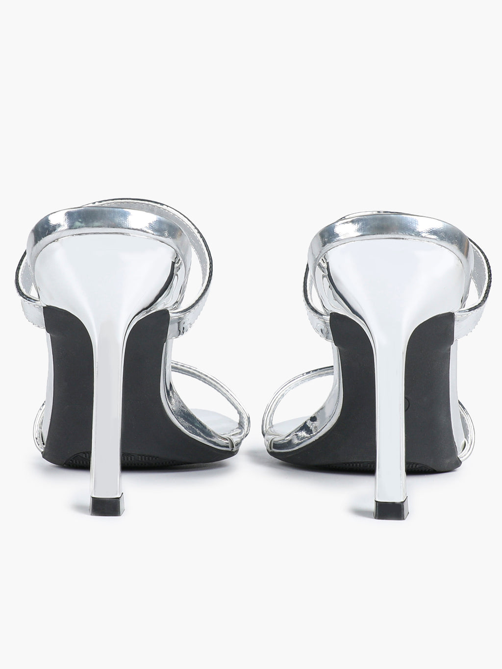 Metallic Silver Strap Heeled Mules Square Toe Block Heel Sandals Party Casual Shoes
