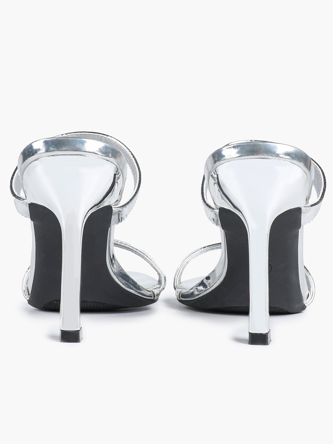Metallic Silver Strap Heeled Mules Square Toe Block Heel Sandals Party Casual Shoes