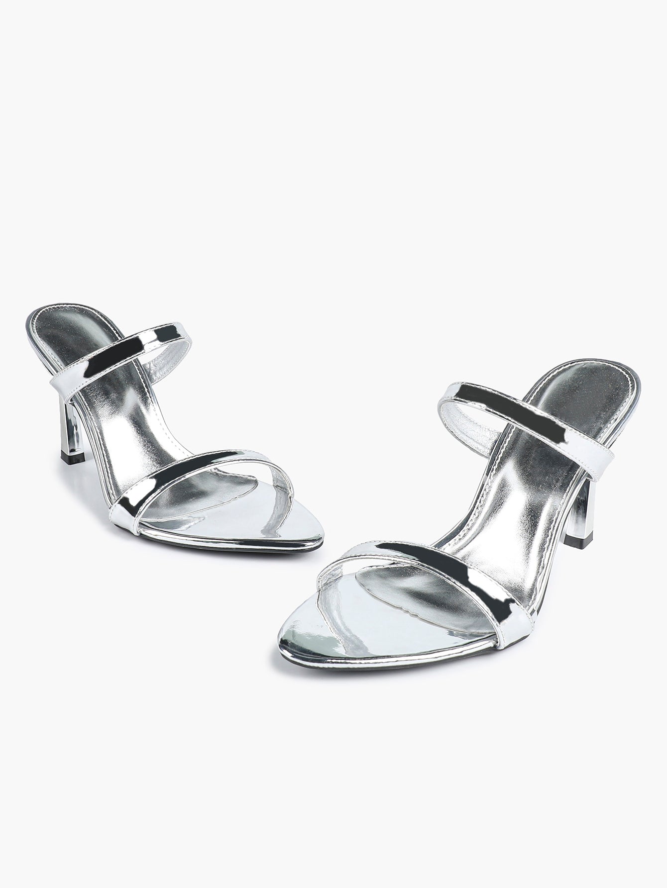 Metallic Silver Strap Heeled Mules Square Toe Block Heel Sandals Party Casual Shoes