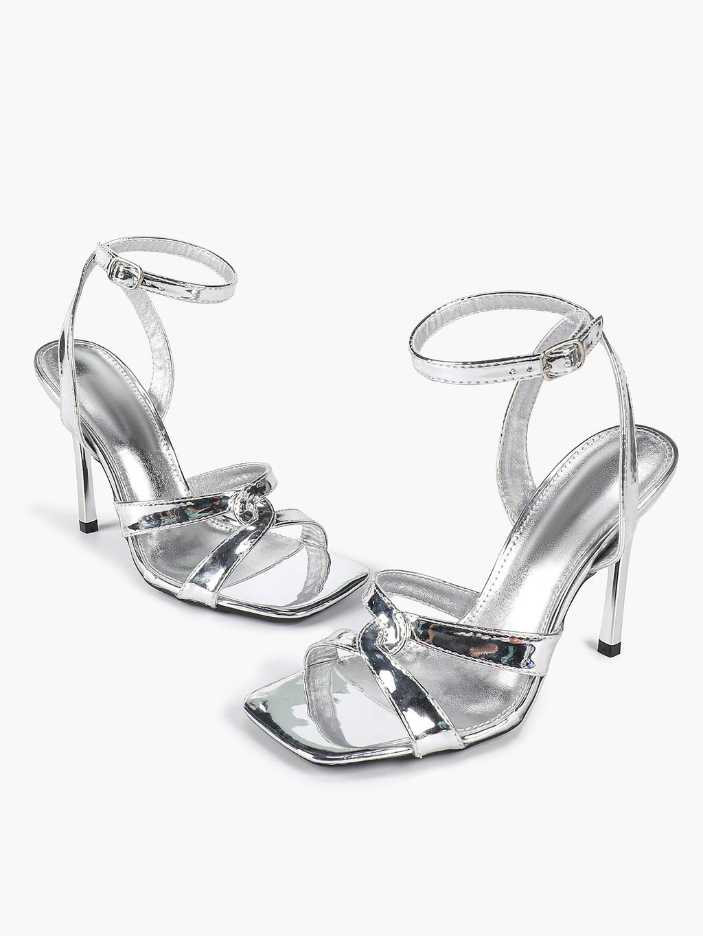 Silver Metallic Cross Strap Ankle Strap Heeled Sandals Stiletto Pumps  Evening Party