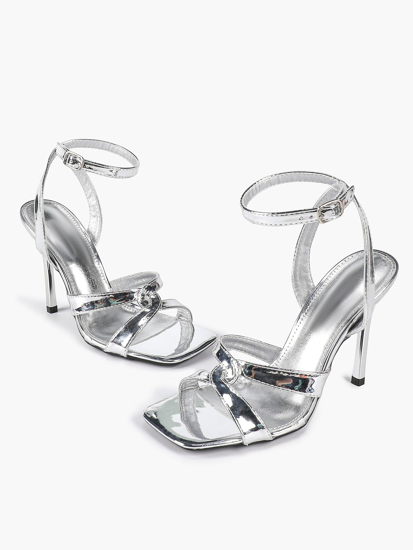 Silver Metallic Cross Strap Ankle Strap Heeled Sandals Stiletto Pumps  Evening Party