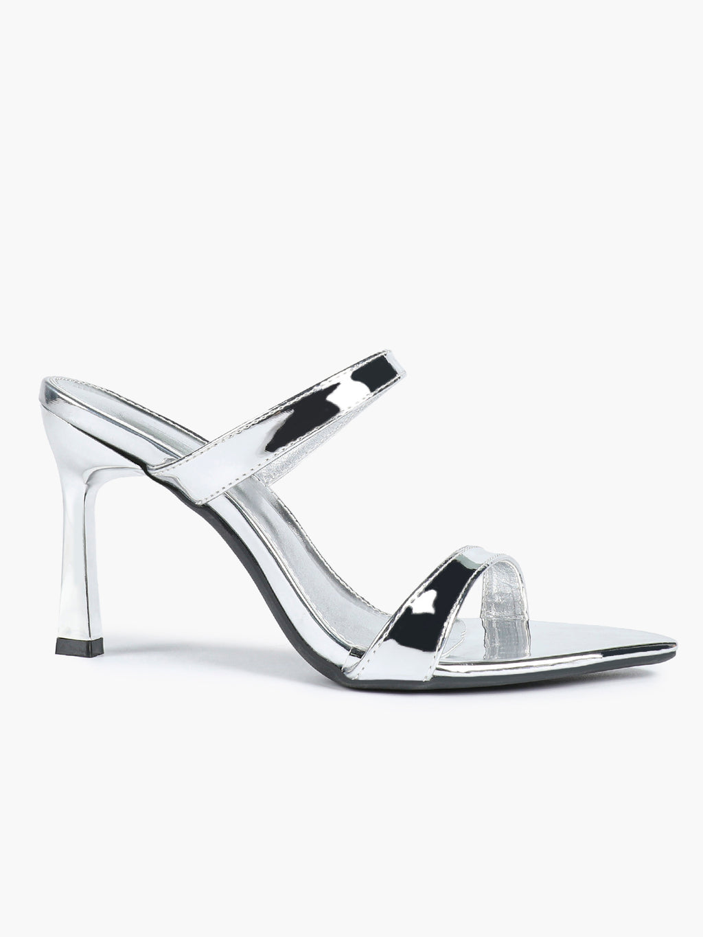Metallic Silver Strap Heeled Mules Square Toe Block Heel Sandals Party Casual Shoes