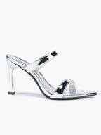 Metallic Silver Strap Heeled Mules Square Toe Block Heel Sandals Party Casual Shoes