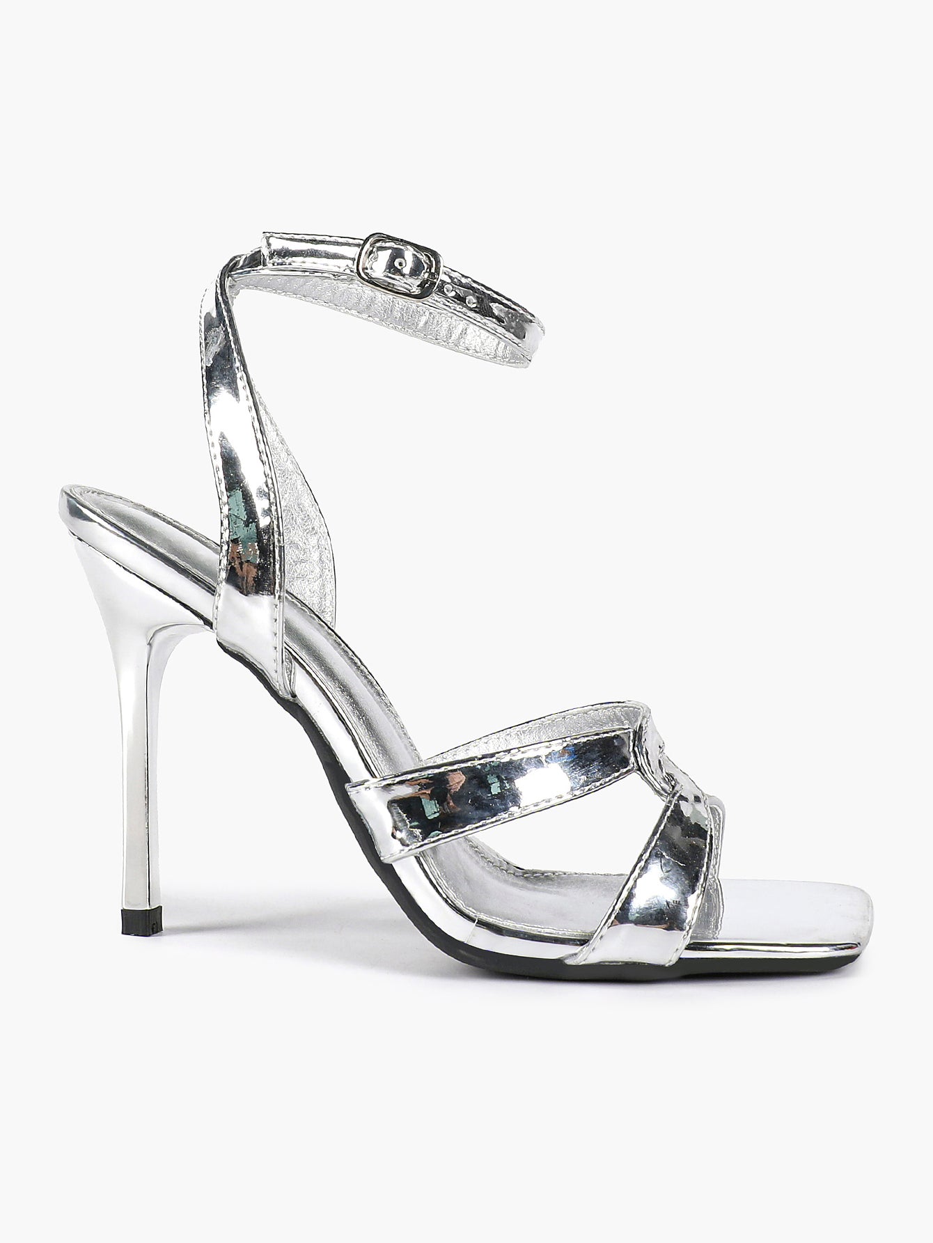 Silver Metallic Cross Strap Ankle Strap Heeled Sandals Stiletto Pumps  Evening Party