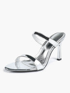 Metallic Silver Strap Heeled Mules Square Toe Block Heel Sandals Party Casual Shoes