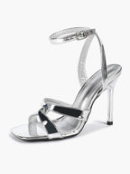 Silver Metallic Cross Strap Ankle Strap Heeled Sandals Stiletto Pumps  Evening Party