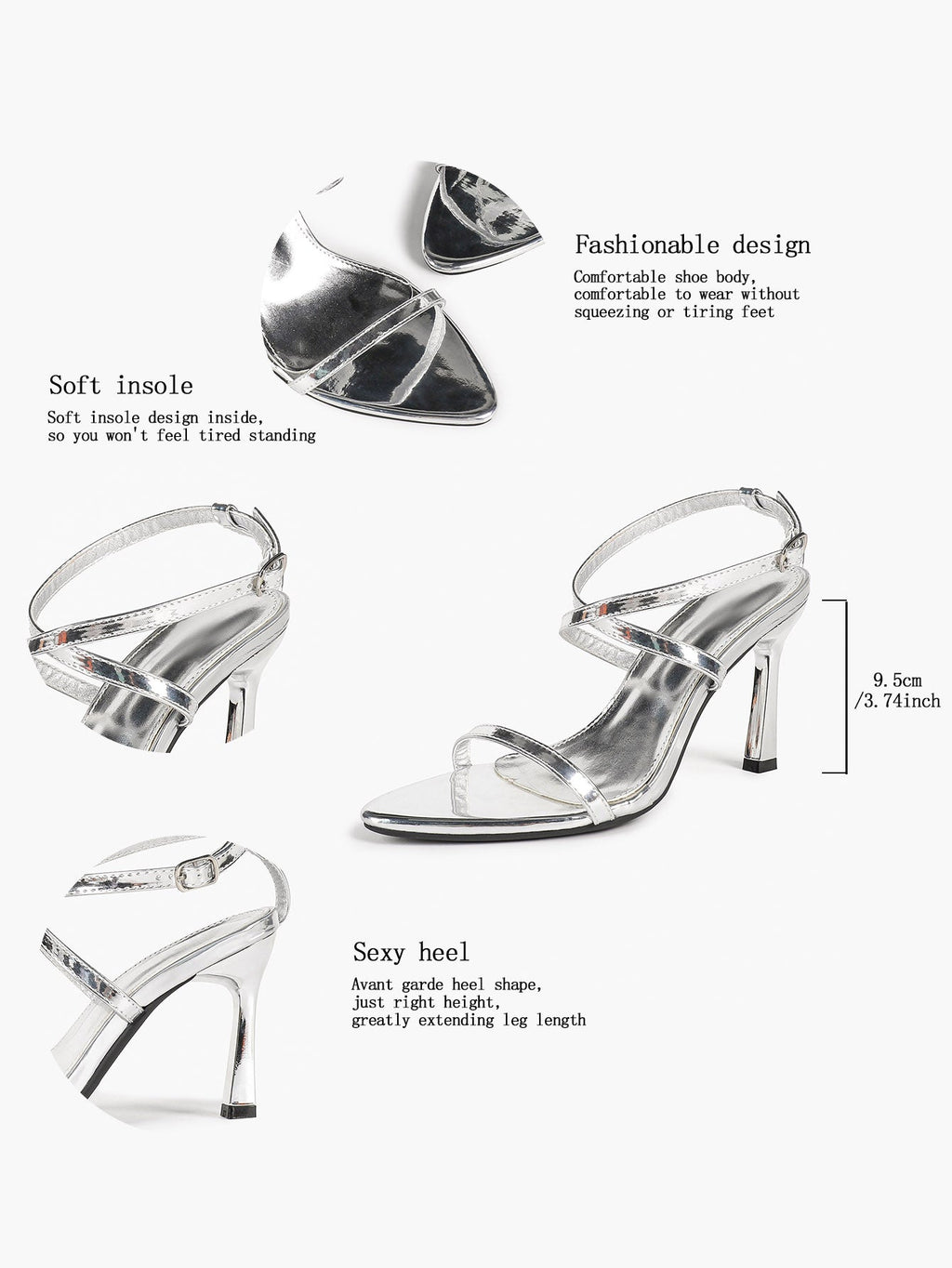 Minimalist Heels - Silver Patent Cross-Strap Sandals for Urban Chic