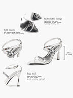 Minimalist Heels - Silver Patent Cross-Strap Sandals for Urban Chic