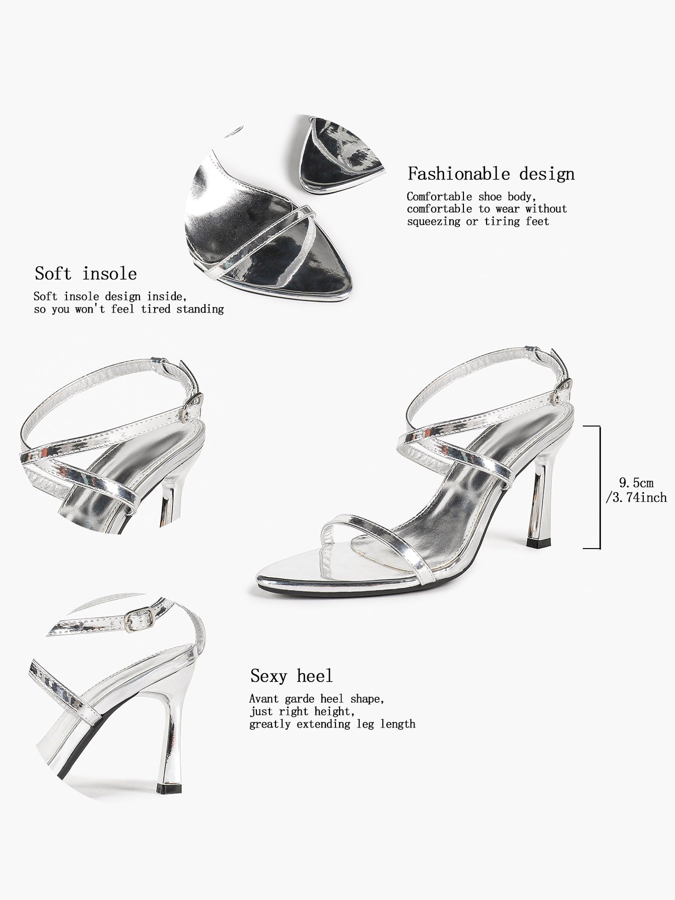 Minimalist Heels - Silver Patent Cross-Strap Sandals for Urban Chic