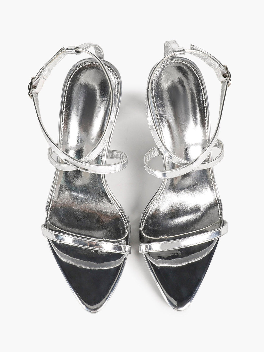 Minimalist Heels - Silver Patent Cross-Strap Sandals for Urban Chic