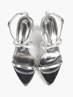 Minimalist Heels - Silver Patent Cross-Strap Sandals for Urban Chic