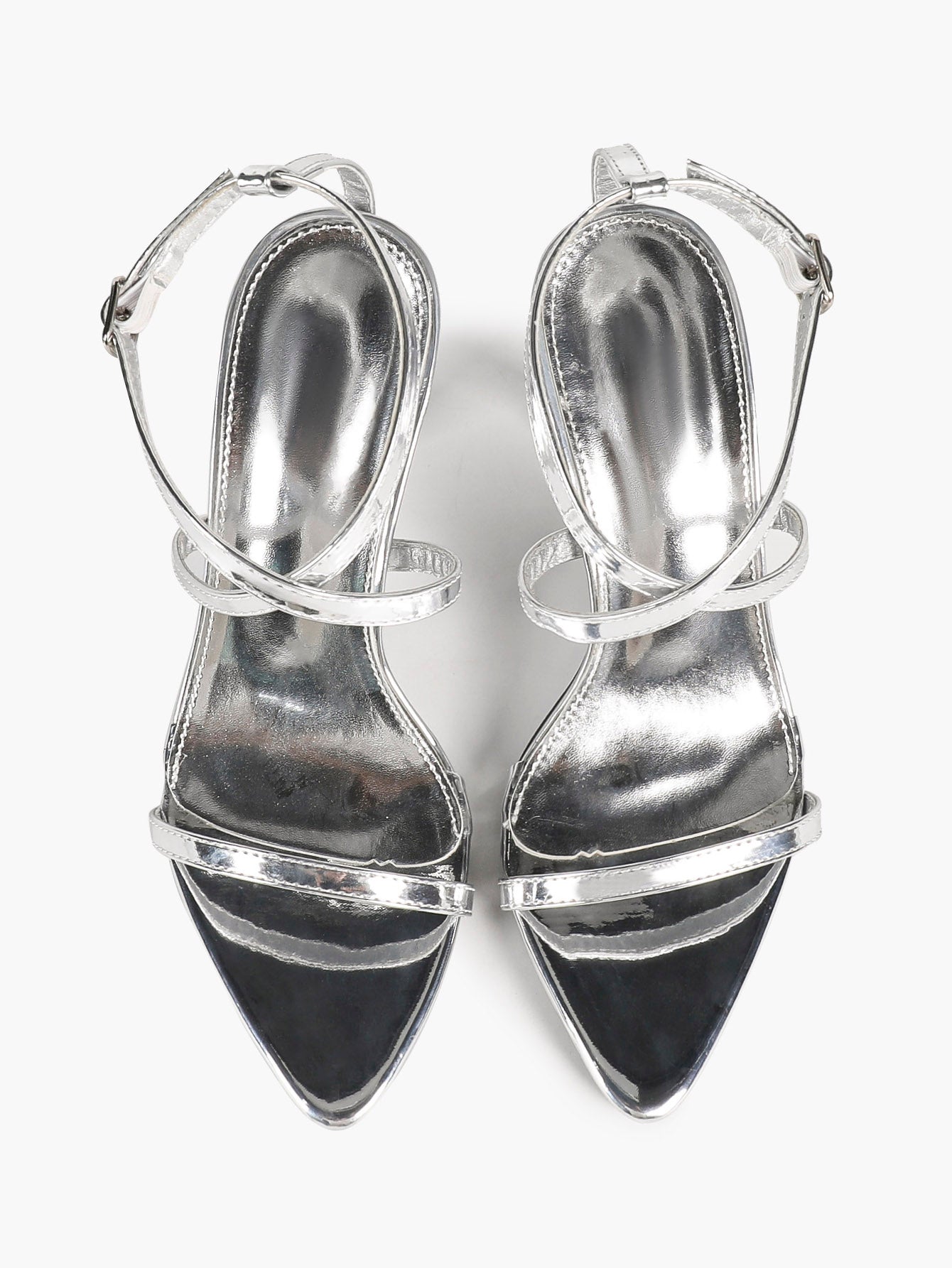 Minimalist Heels - Silver Patent Cross-Strap Sandals for Urban Chic
