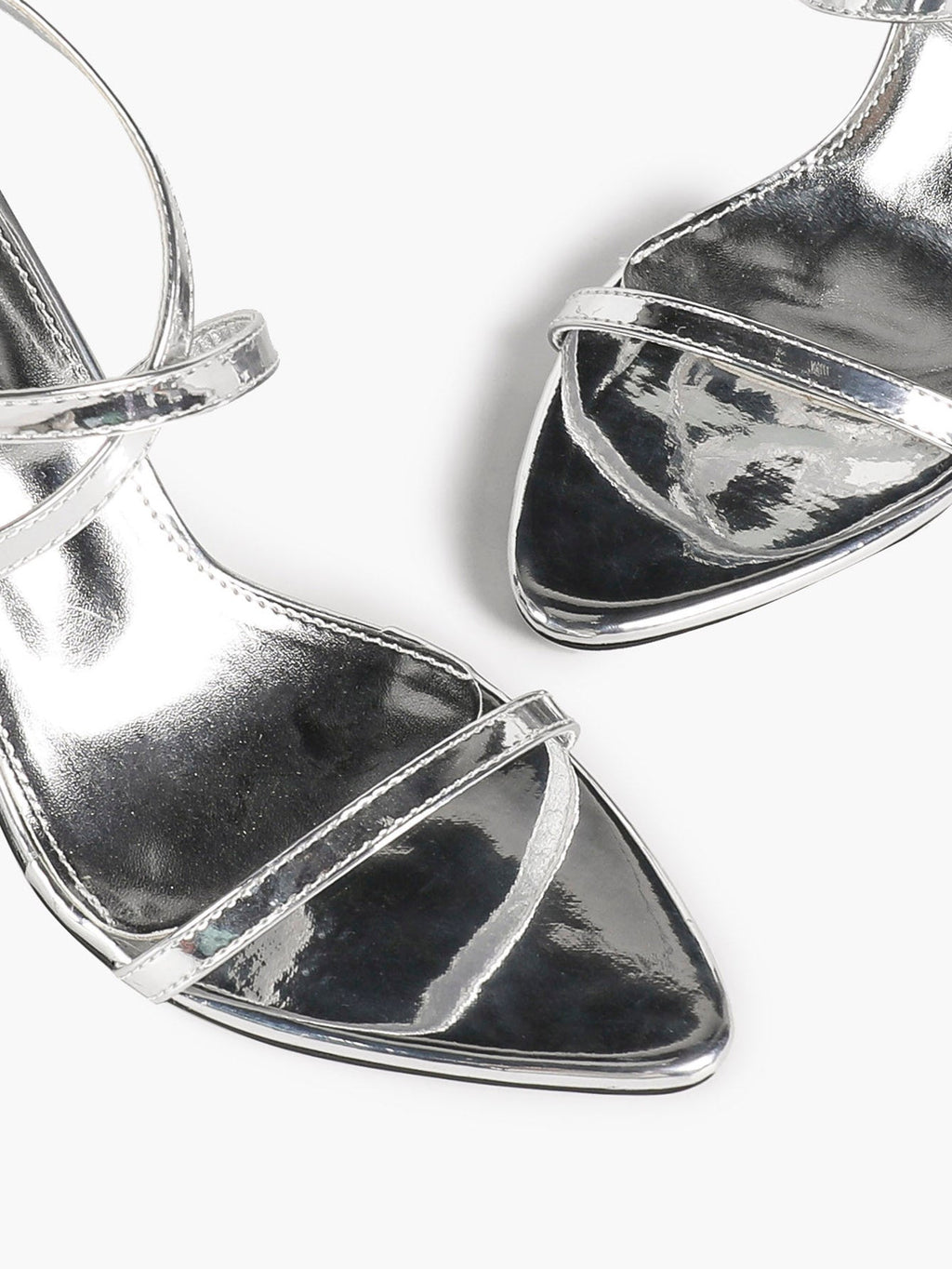 Minimalist Heels - Silver Patent Cross-Strap Sandals for Urban Chic