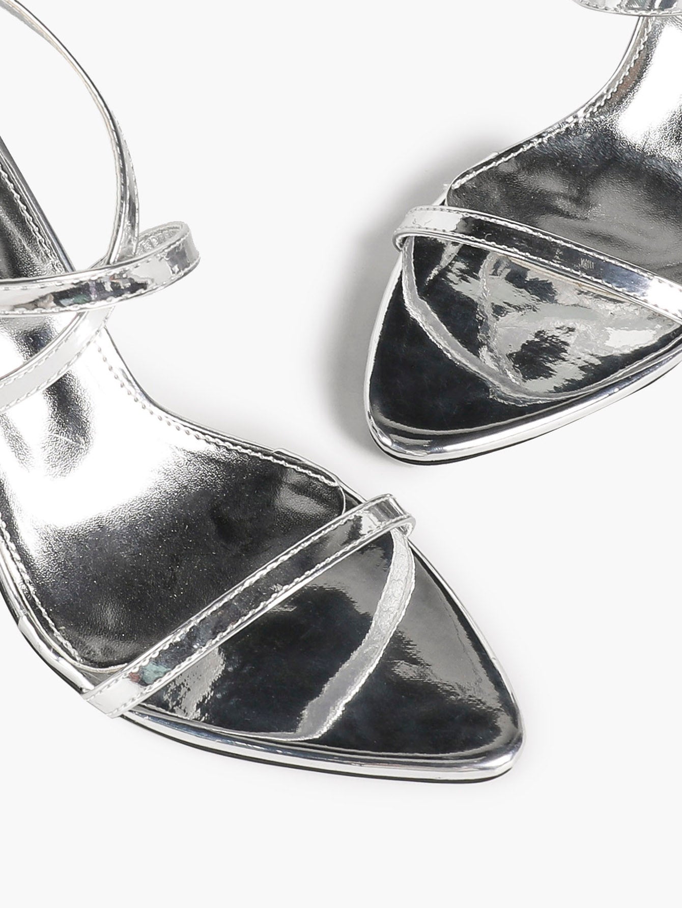 Minimalist Heels - Silver Patent Cross-Strap Sandals for Urban Chic