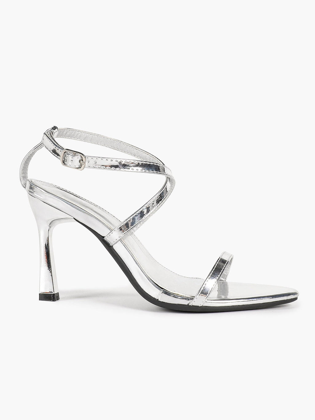 Minimalist Heels - Silver Patent Cross-Strap Sandals for Urban Chic