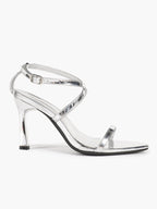 Minimalist Heels - Silver Patent Cross-Strap Sandals for Urban Chic