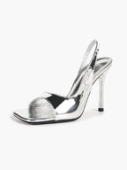 Beige Croc-Embossed Patent Leather Square Toe Slingback Stilettos High Heels with Soft Insole