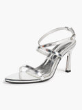 Minimalist Heels - Silver Patent Cross-Strap Sandals for Urban Chic