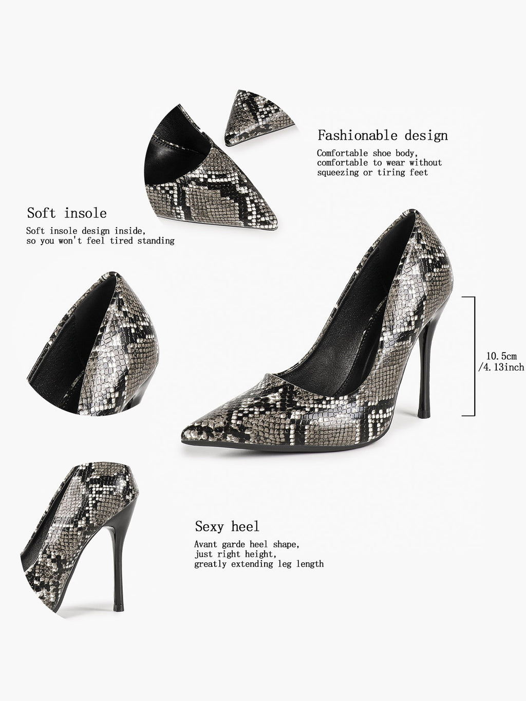 Sculpted Snake-Print Stilettos - Slimming V-Cut Pumps with a 4.13" Leg-Lengthening Heel