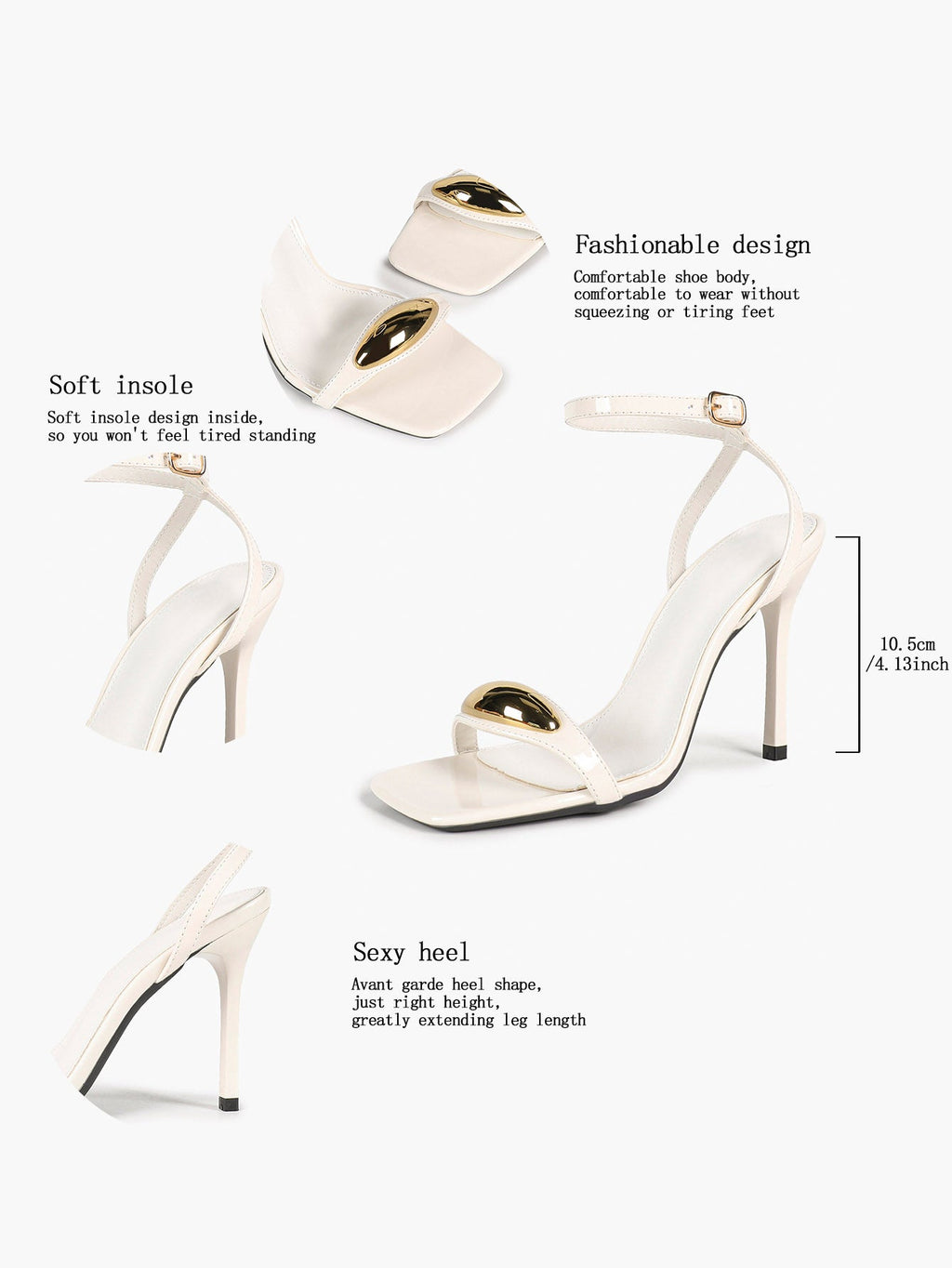 Chic White Glossy Heeled Sandals with Metal Accent - Square Toe Stilettos for Weddings & Parties