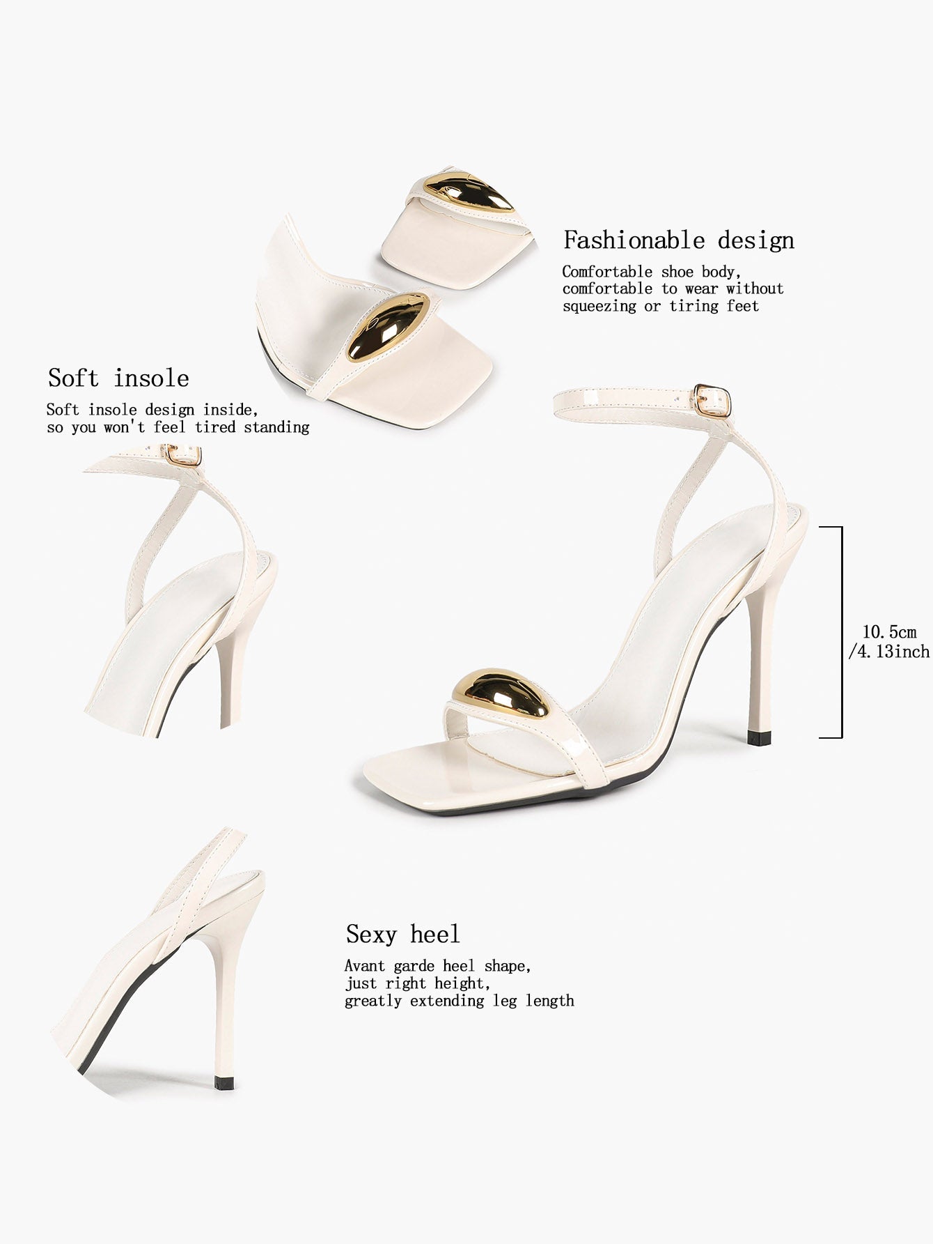 Chic White Glossy Heeled Sandals with Metal Accent - Square Toe Stilettos for Weddings & Parties