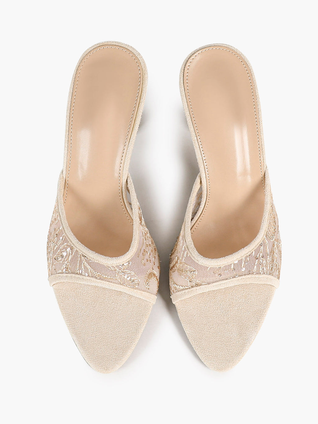 Pink Lace Embroidered Pointed Toe Mule Heels Slip-On Wide Strap Block Heels with Soft Insole