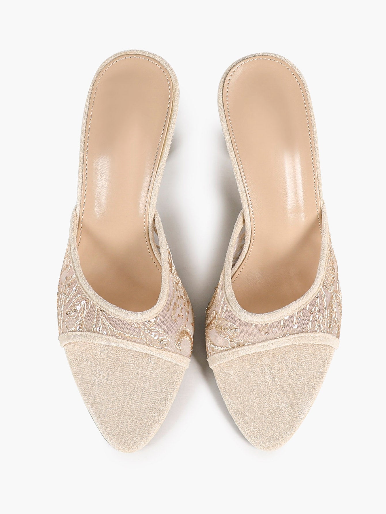 Pink Lace Embroidered Pointed Toe Mule Heels Slip-On Wide Strap Block Heels with Soft Insole