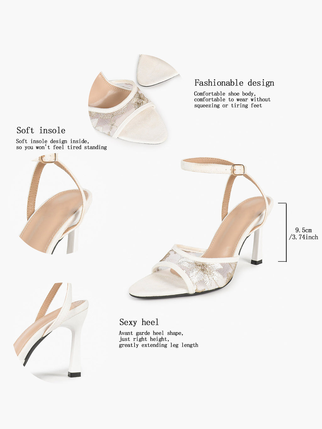 The Moonlight Muse: White Mesh Embroidered Strap Heels with a 3.74" Sculpted Heel