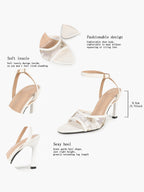 The Moonlight Muse: White Mesh Embroidered Strap Heels with a 3.74" Sculpted Heel