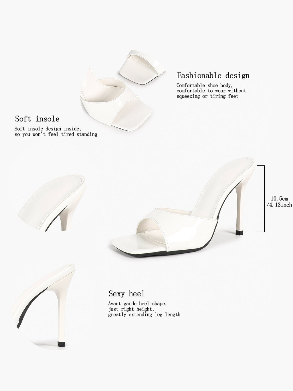 White Patent Leather Square Toe Single-Band Mule Heels Slip-On Stilettos with Soft Insole