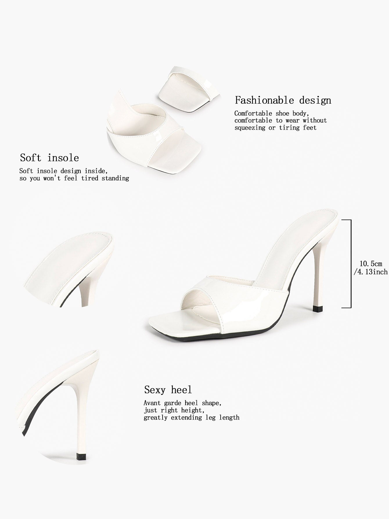 White Patent Leather Square Toe Single-Band Mule Heels Slip-On Stilettos with Soft Insole