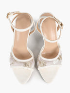 The Moonlight Muse: White Mesh Embroidered Strap Heels with a 3.74" Sculpted Heel