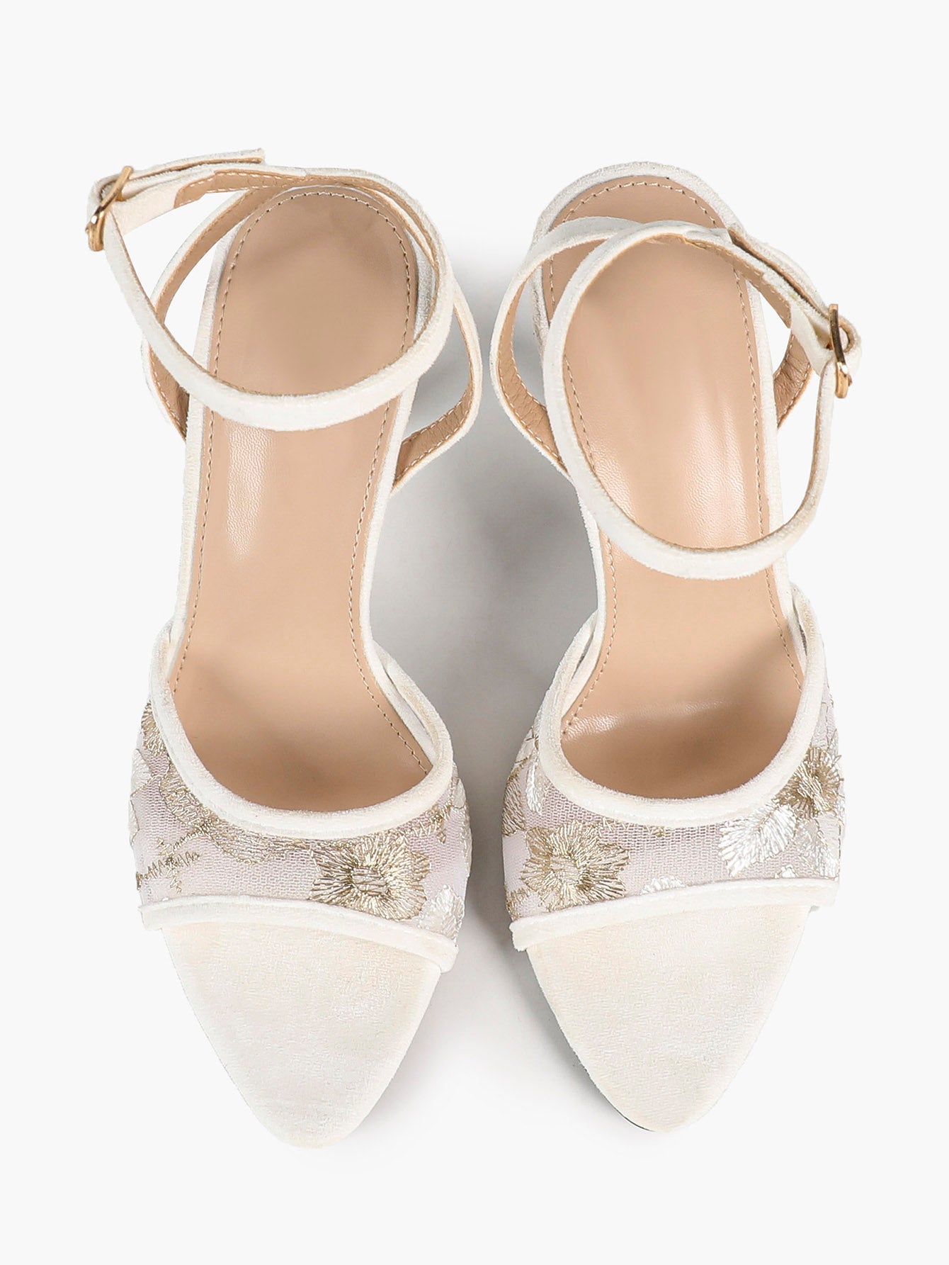 The Moonlight Muse: White Mesh Embroidered Strap Heels with a 3.74" Sculpted Heel