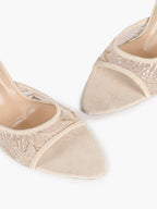 Pink Lace Embroidered Pointed Toe Mule Heels Slip-On Wide Strap Block Heels with Soft Insole