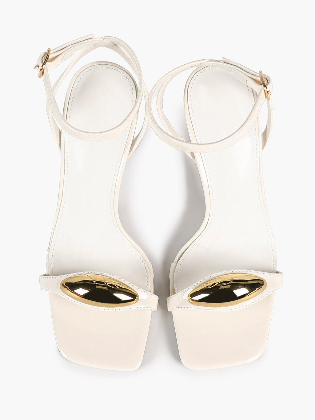 Chic White Glossy Heeled Sandals with Metal Accent - Square Toe Stilettos for Weddings & Parties