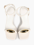 Chic White Glossy Heeled Sandals with Metal Accent - Square Toe Stilettos for Weddings & Parties