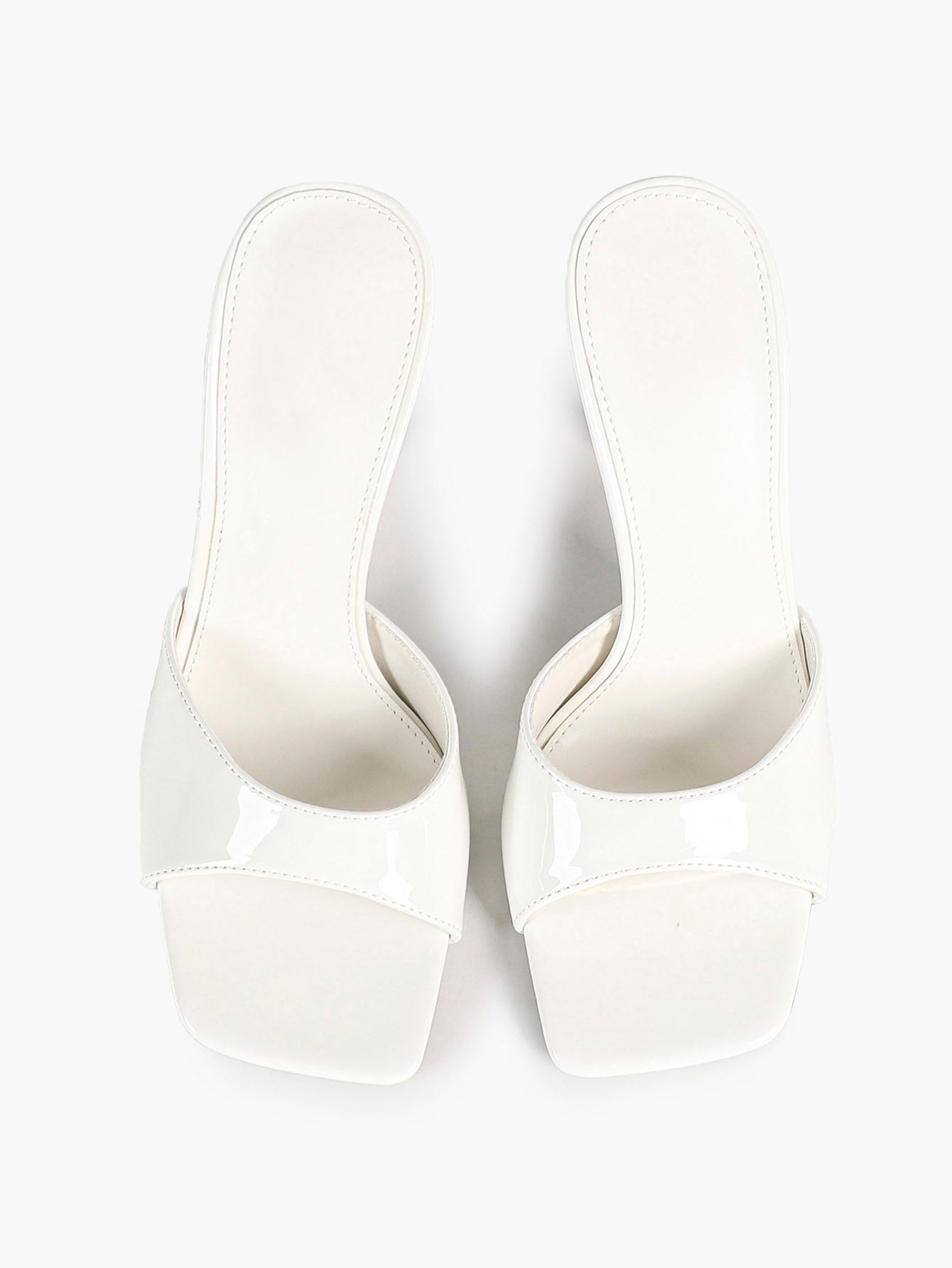 White Patent Leather Square Toe Single-Band Mule Heels Slip-On Stilettos with Soft Insole