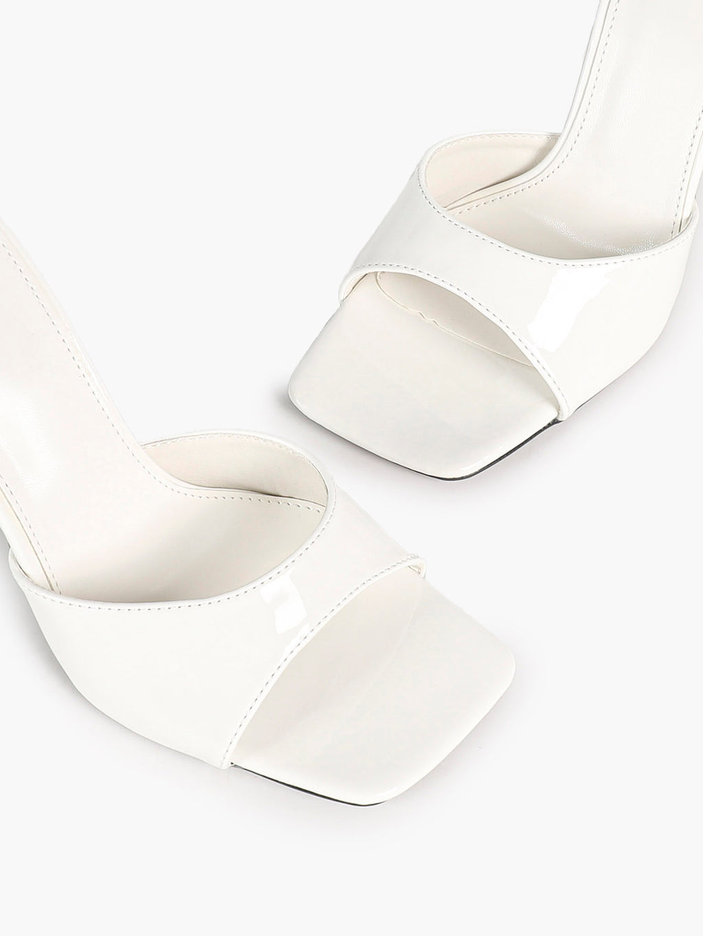 White Patent Leather Square Toe Single-Band Mule Heels Slip-On Stilettos with Soft Insole