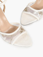 The Moonlight Muse: White Mesh Embroidered Strap Heels with a 3.74" Sculpted Heel