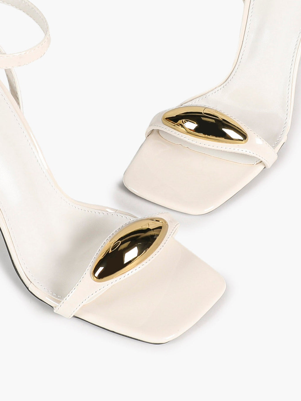 Chic White Glossy Heeled Sandals with Metal Accent - Square Toe Stilettos for Weddings & Parties