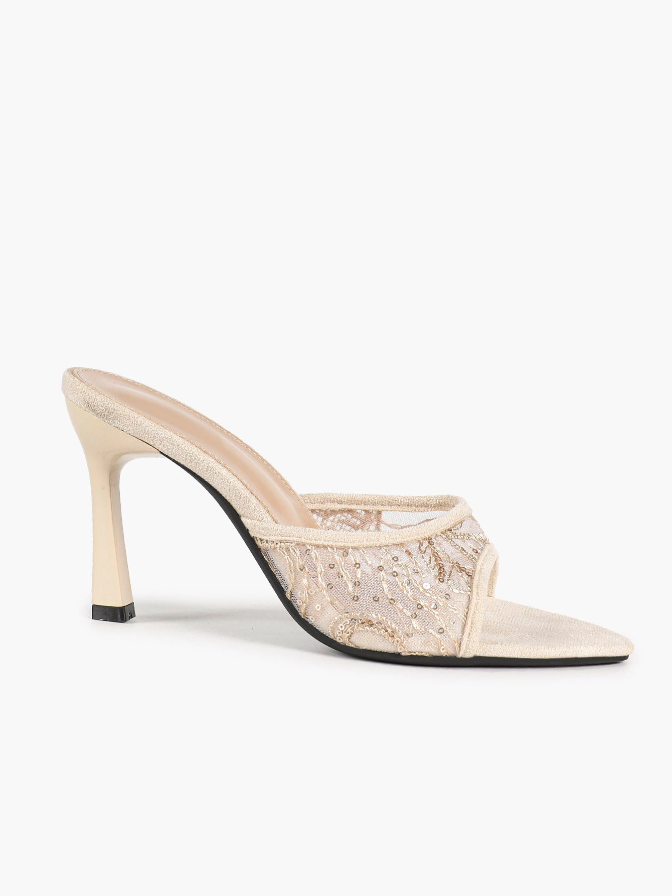 Pink Lace Embroidered Pointed Toe Mule Heels Slip-On Wide Strap Block Heels with Soft Insole