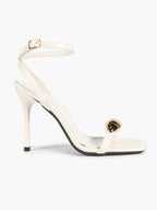 Chic White Glossy Heeled Sandals with Metal Accent - Square Toe Stilettos for Weddings & Parties