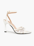 The Moonlight Muse: White Mesh Embroidered Strap Heels with a 3.74" Sculpted Heel