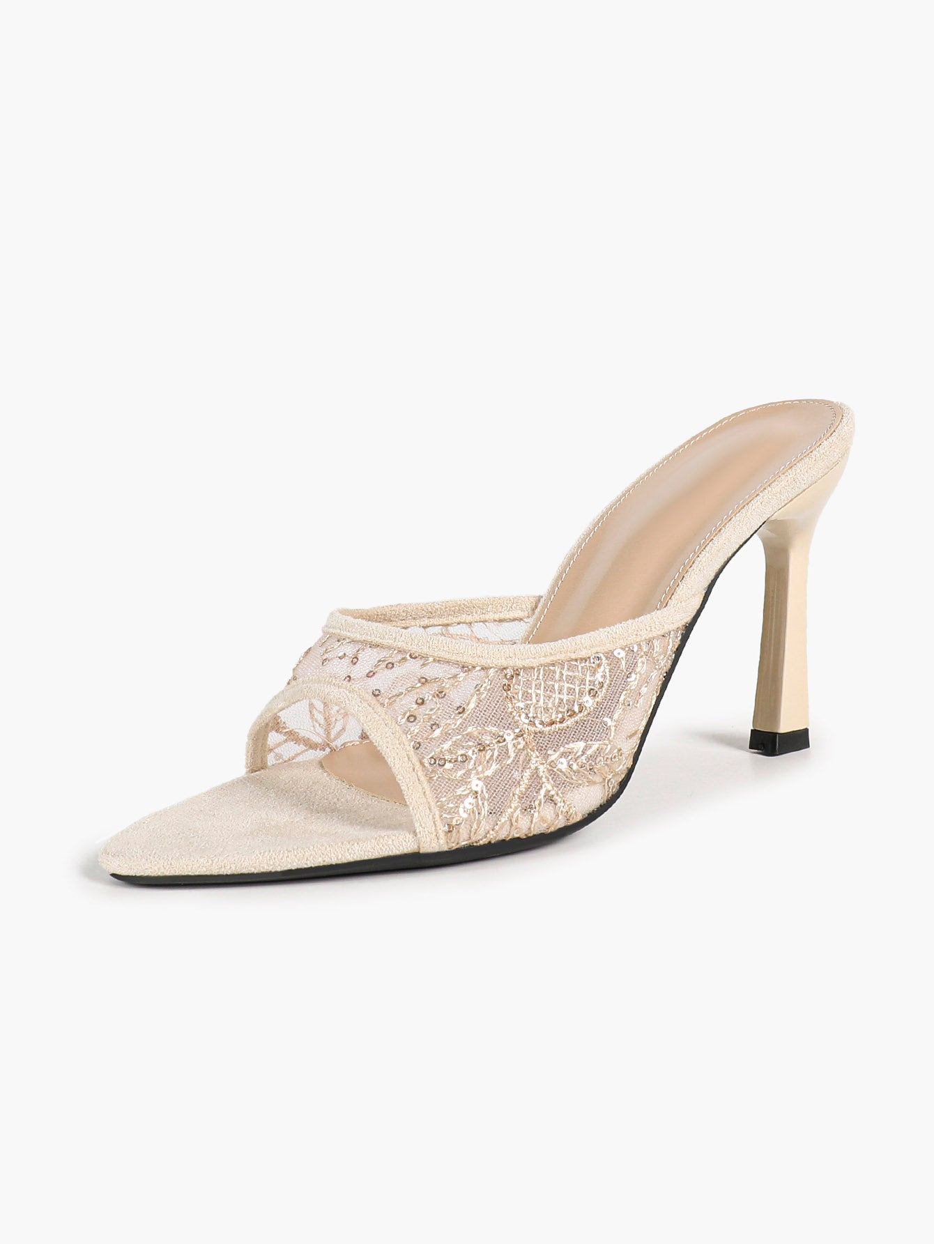 Pink Lace Embroidered Pointed Toe Mule Heels Slip-On Wide Strap Block Heels with Soft Insole